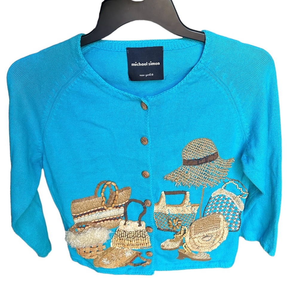VTG Michael Simon blue vacation embellishment details cardigan